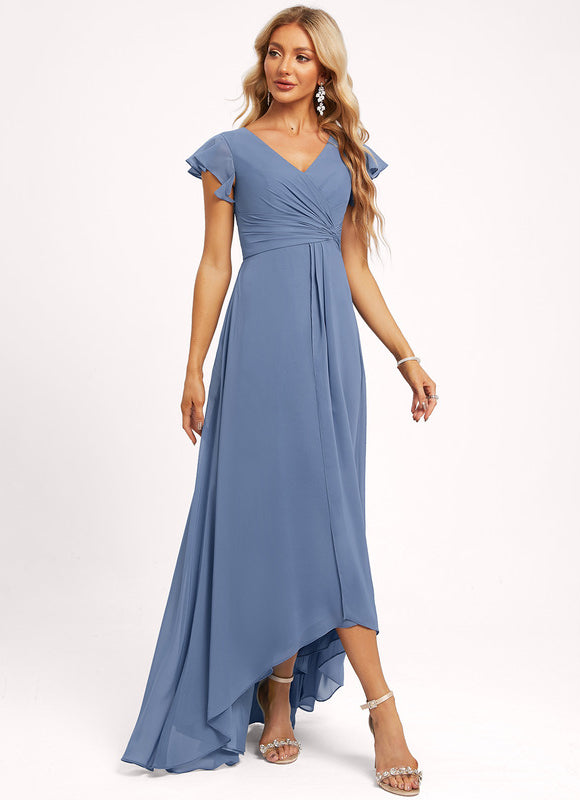 Robe Pastel Bleu Asymétrique Col V Volants - gallery 3