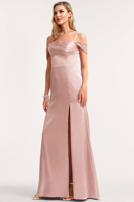 Robe Pastel Rose Décolleté Longue Satin - gallery 2