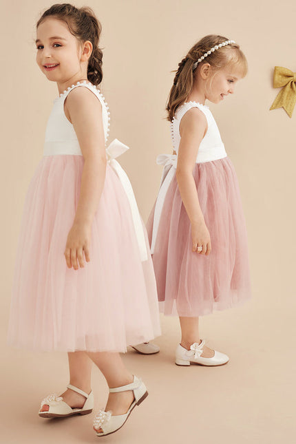 Robe Pastel Rose Satin Tulle Mariage Fille - gallery 6