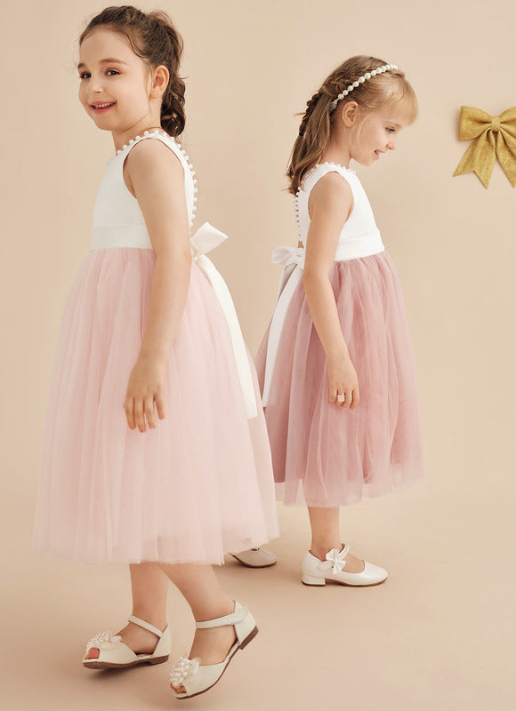 Robe Pastel Rose Satin Tulle Mariage Fille - gallery 6