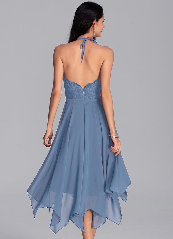 Robe Pastel Bleu Trapèze Asymétrique Dentelle - gallery 6