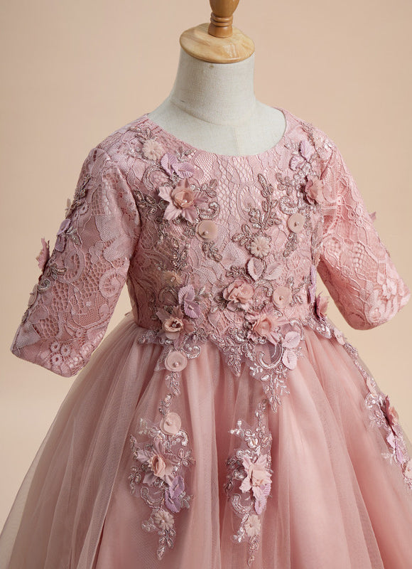 Robe Pastel Rose Asymétrique Col Rond Fleurs - gallery 3