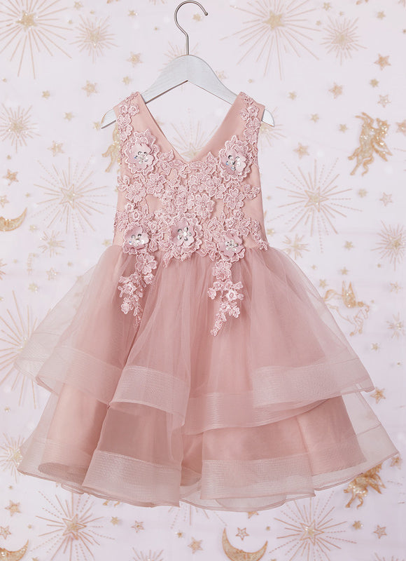 Robe Pastel Rose En Tulle Avec Dentelle - gallery 6