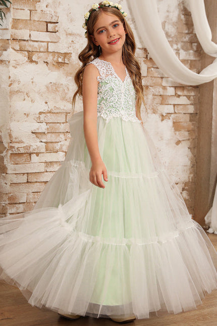 Robe Pastel Verte Col V Dentelle Enfant - gallery 6