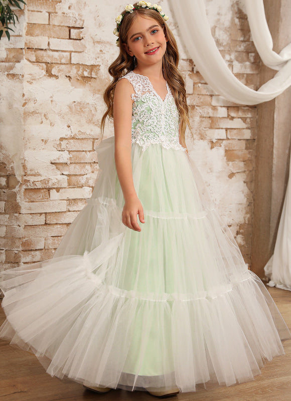 Robe Pastel Verte Col V Dentelle Enfant - gallery 6