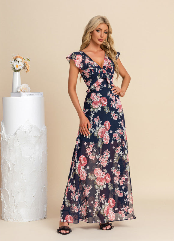 Robe Pastel Fleurs Rose Col V Maxi - gallery 9