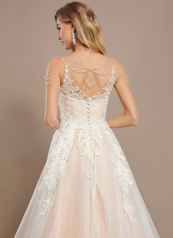Robe Pastel Blanche Col V Traîne Dentelle - gallery 4