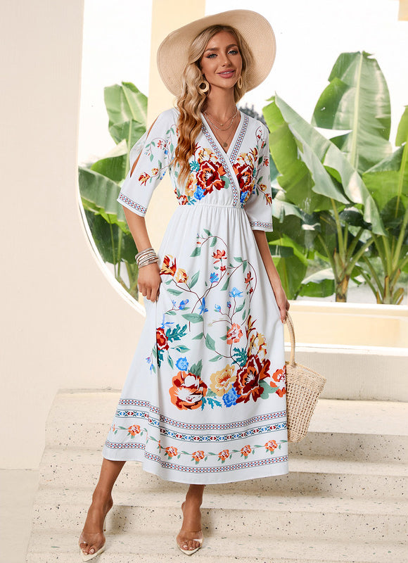 Robe Pastel Blanche Imprimée Fleurs Midi - gallery 2