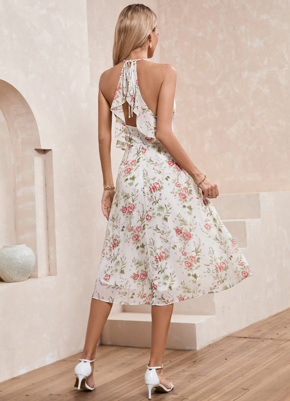 Robe Pastel Blanche Imprimée Fleurs Trapèze - gallery 2