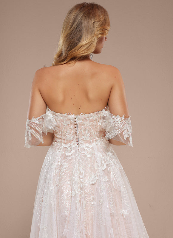 Robe Pastel Rose Épaules Dénudées Traîne Longue - gallery 6