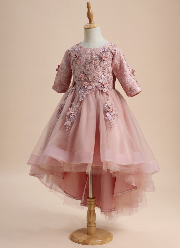 Robe Pastel Rose Asymétrique Col Rond Fleurs - gallery 5