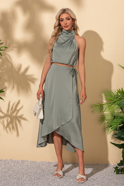 Robe Pastel Rose Satin Col Montant - gallery 2