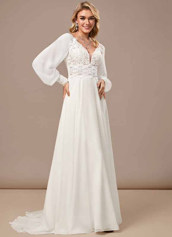 Robe Pastel Blanche Col V Traîne Dentelle - gallery 3