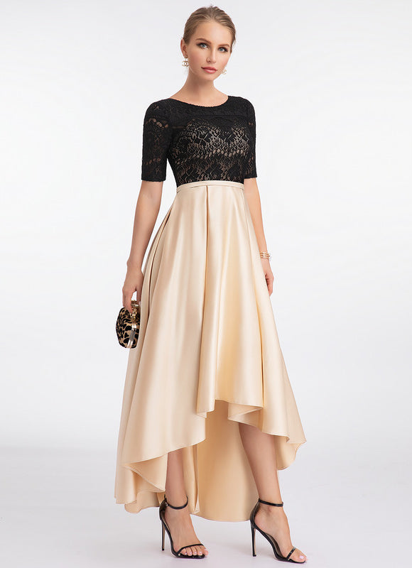 Robe Pastel Beige Trapèze Satin Dentelle - gallery 1