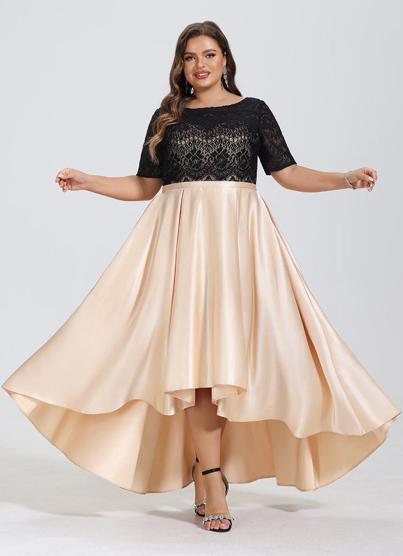 Robe Pastel Beige Trapèze Satin Dentelle - gallery 7
