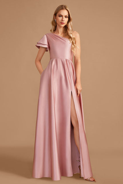 Robe Pastel Rose Décolleté Asymétrique Satin