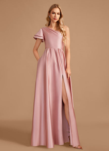 Robe Pastel Rose Décolleté Asymétrique Satin