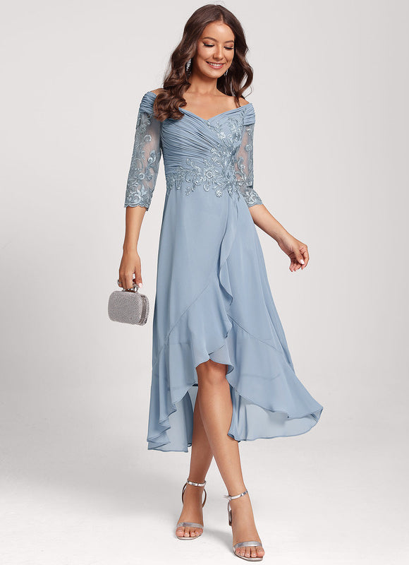 Robe Pastel Bleu Asymétrique Dentelle Élégante - gallery 4