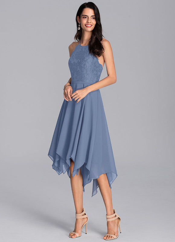 Robe Pastel Bleu Trapèze Asymétrique Dentelle - gallery 1