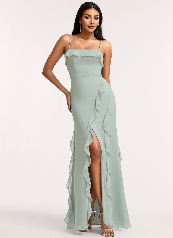 Robe Pastel Verte Col Carré Volants