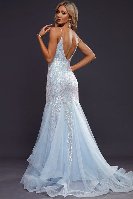 Robe Pastel Bleu Sirène Traîne Pailletée - gallery 9