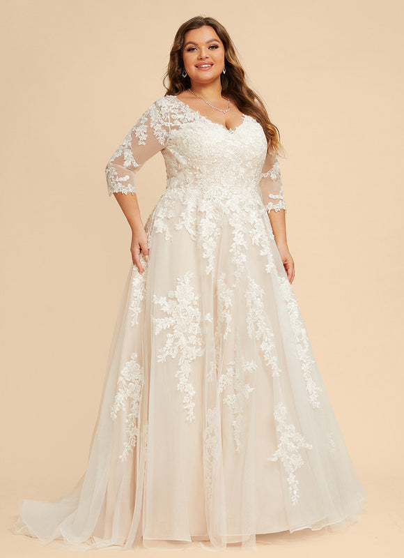 Robe Pastel Rose Traîne Tulle Dentelle - gallery 8