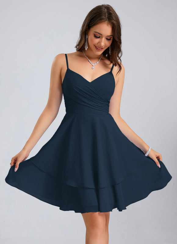 Robe Pastel Bleu Col V Trapèze Mousseline - gallery 6