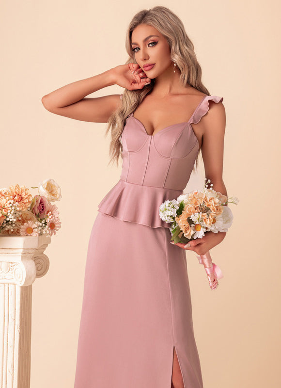 Robe Pastel Rose Satin Col Cœur Maxi - gallery 1