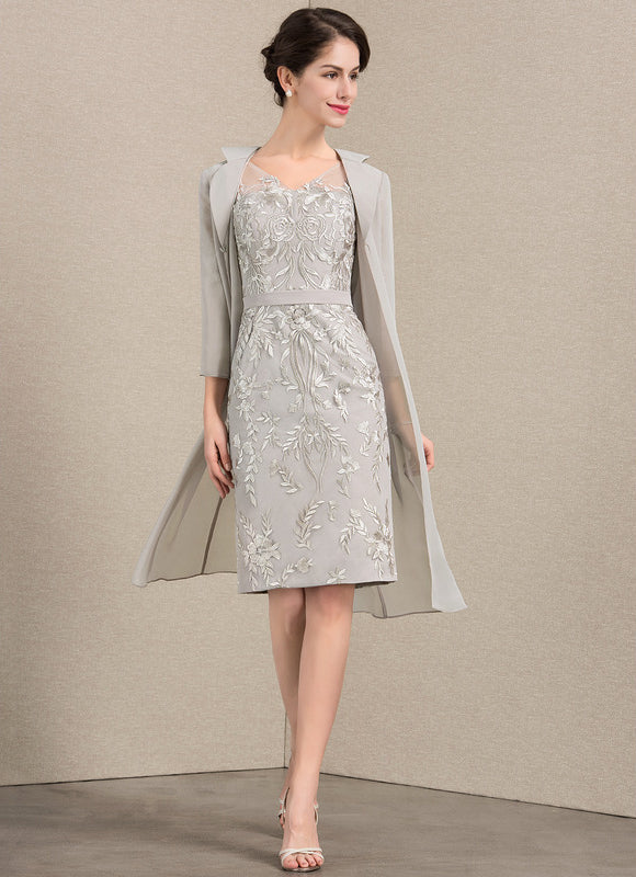 Robe Pastel Gris Col V Courte Dentelle - gallery 1