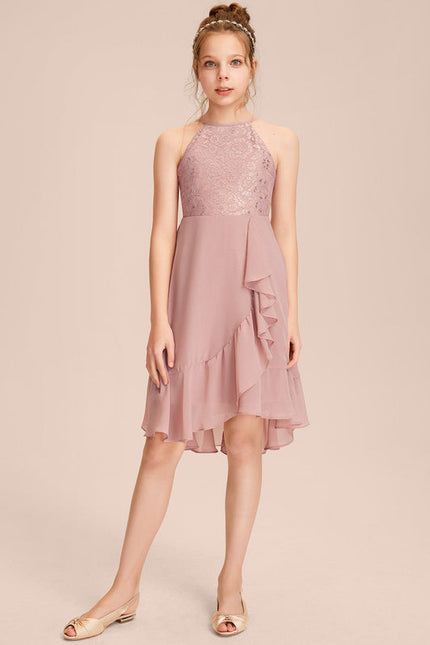 Robe Pastel Rose Trapèze Asymétrique Volants - gallery 4