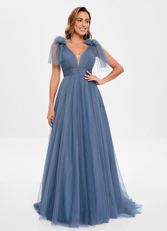 Robe Pastel Bleu Col V Traîne Tulle - gallery 6