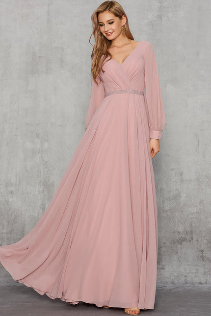 Robe Pastel Rose Trapèze Col V Élégant - gallery 1