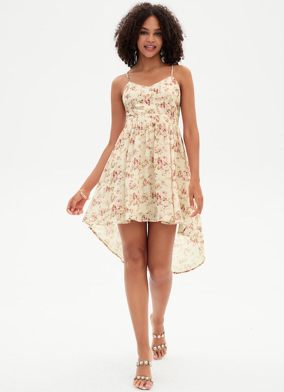 Robe Pastel Fleurie Beige Col V Asymétrique