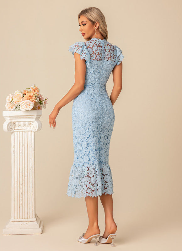 Robe Pastel Bleu Dentelle Col Montant - gallery 5
