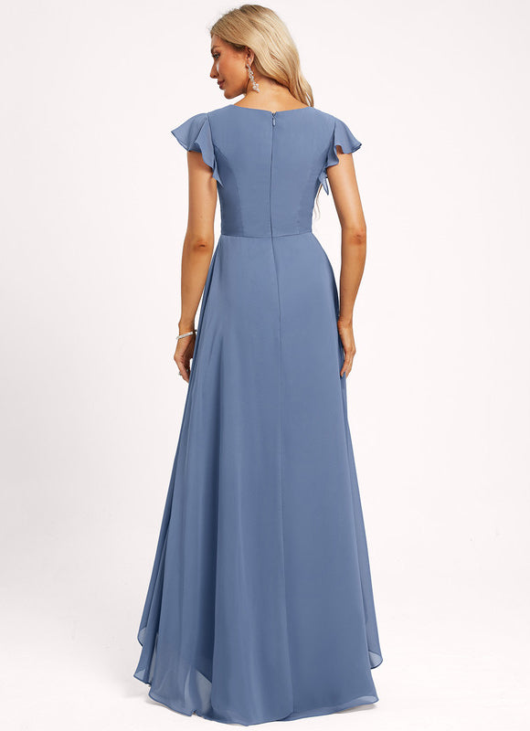 Robe Pastel Bleu Asymétrique Col V Volants - gallery 5