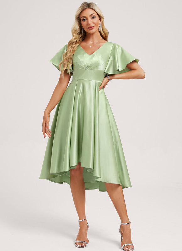 Robe Pastel Verte Satin Col V Asymétrique