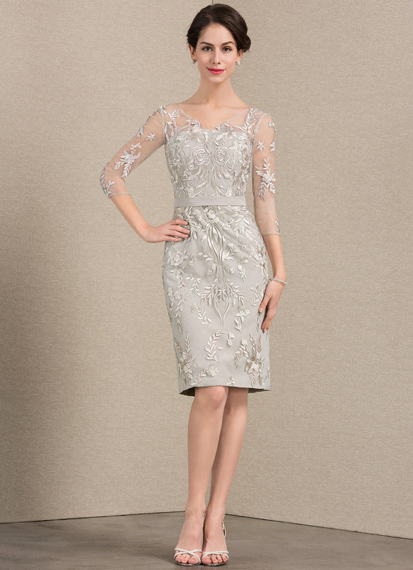 Robe Pastel Gris Col V Courte Dentelle - gallery 5