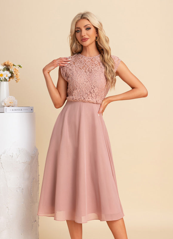 Robe Pastel Blush Dentelle Mousseline Midi - gallery 3