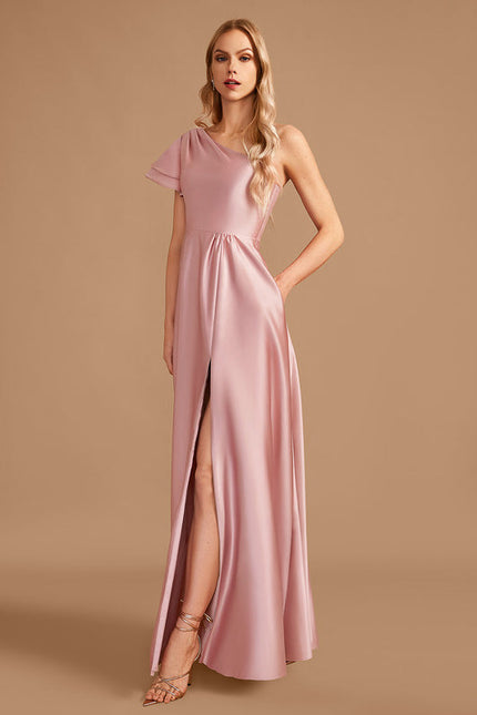 Robe Pastel Rose Décolleté Asymétrique Satin - gallery 2