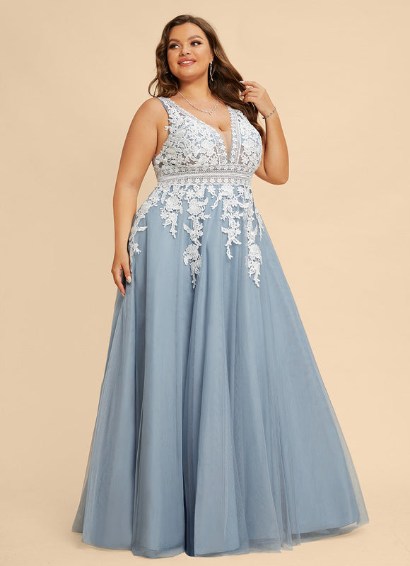 Robe Pastel Bleu Col V Tulle Longue - gallery 7