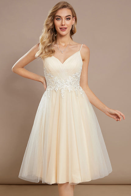 Robe Pastel Beige Trapèze Col V Genoux - gallery 1