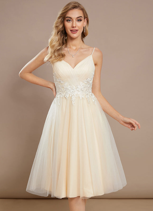 Robe Pastel Beige Trapèze Col V Genoux - gallery 1