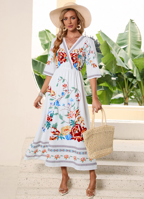 Robe Pastel Blanche Imprimée Fleurs Midi - gallery 3