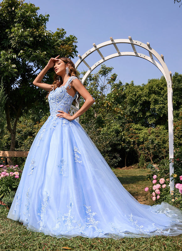 Robe Pastel Bleu Col Cœur Traîne Tulle - gallery 2