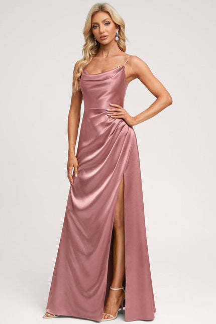Robe Pastel Rose Satin Longueur Sol Élégante - gallery 2