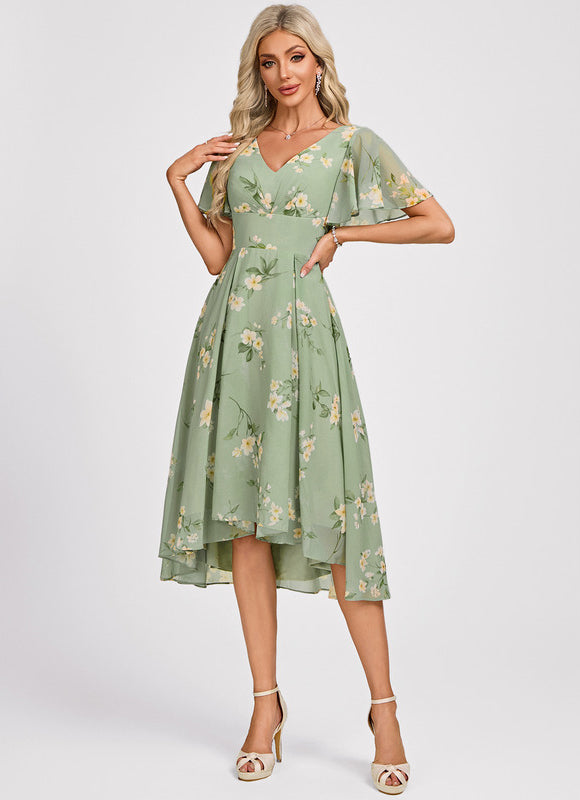 Robe Pastel Bleu Asymétrique Col V Volants - gallery 2