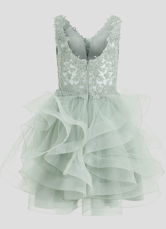 Robe Pastel Verte Col V Tulle Dentelle - gallery 9