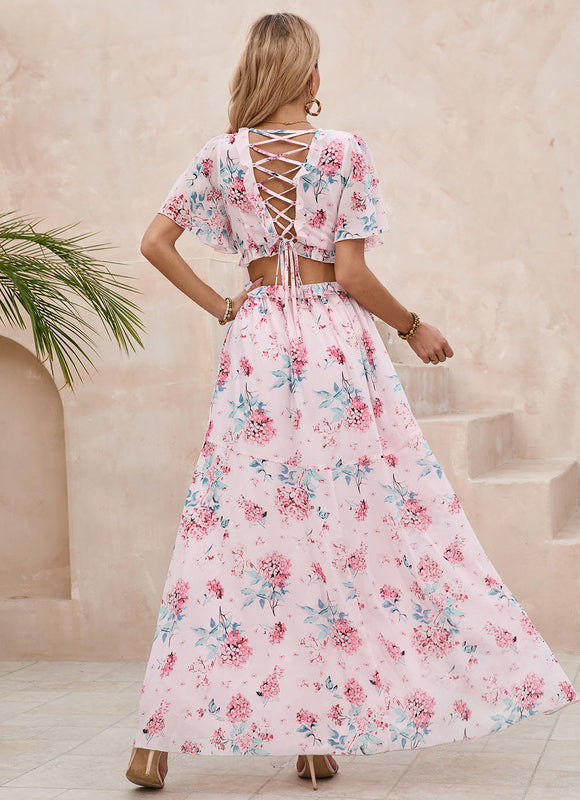 Robe Pastel Fleurie Rose Col V Maxi - gallery 4