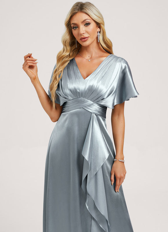 Robe Pastel Verte Satin Longueur Ras Du Sol - gallery 3