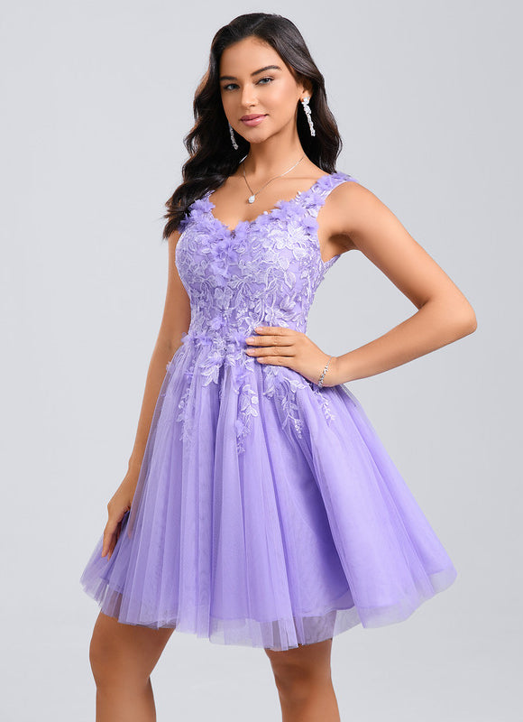Robe Pastel Lavande Col V Dentelle Tulle - gallery 2